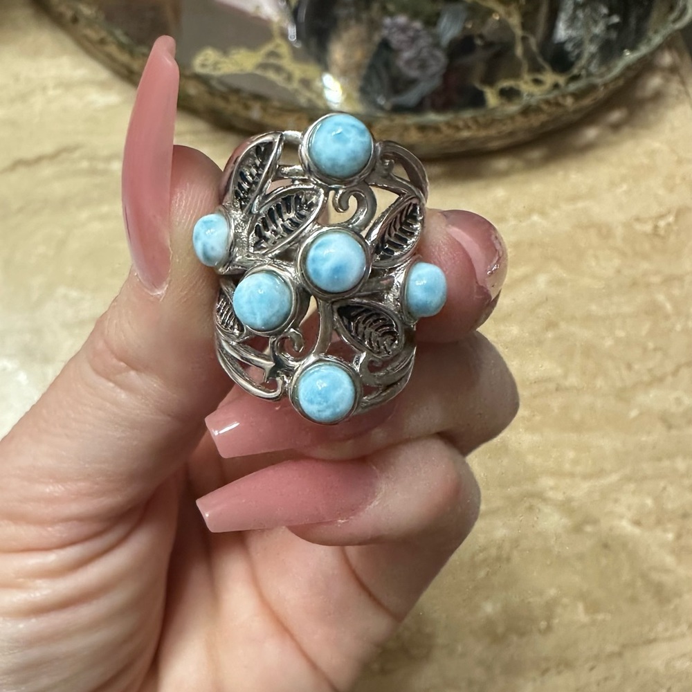 Sterling silver larimar leaf detail ring